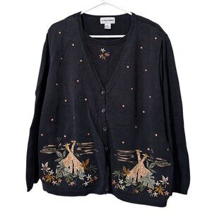 Alfred Dunner Safari Giraffe Sequin Embroidered‎ 2 Piece Cardigan Sweater XL VTG